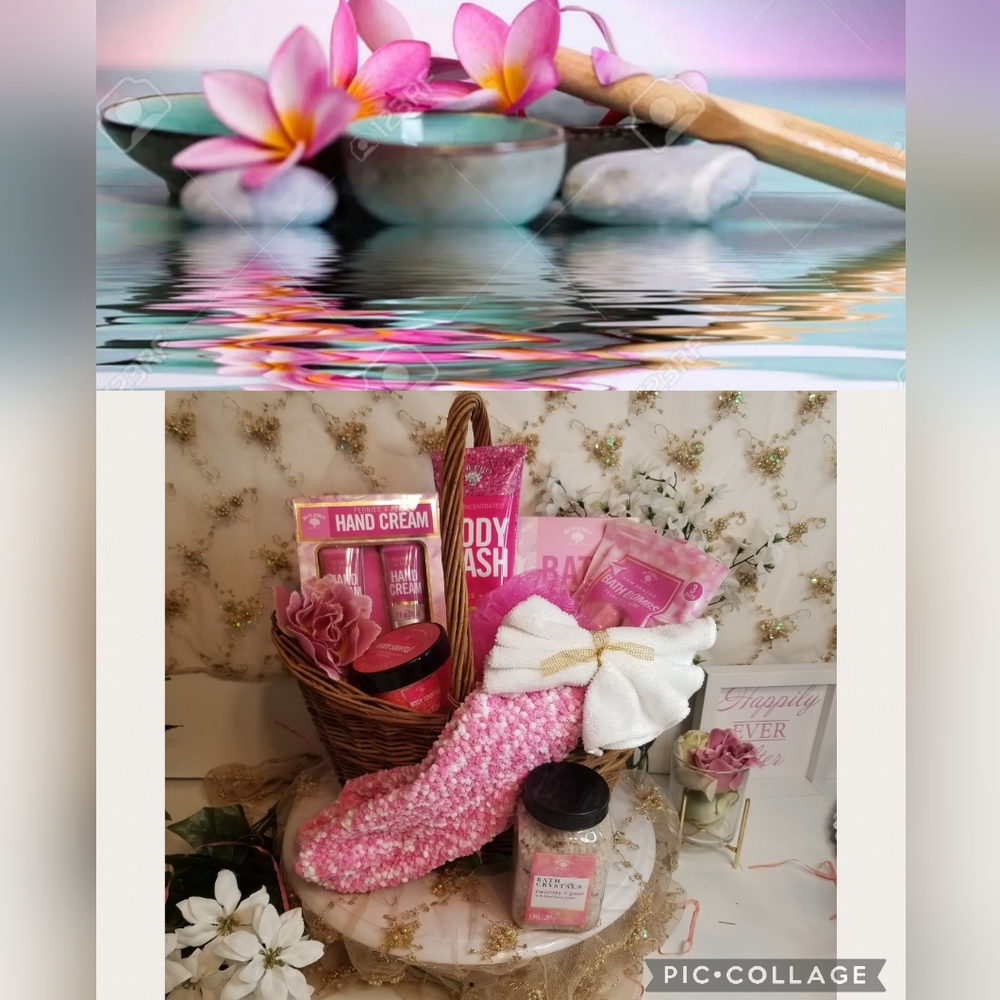 Womens Self Care Relaxing  Spa Gift Basket Peonies & Pear Pampering Basket